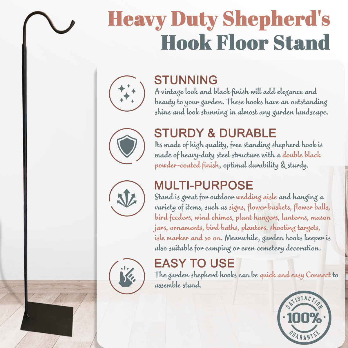 60" Adjustable Heavy - Duty Shepherd's Hook Floor Stand - Napa Valley Wildflower Co.