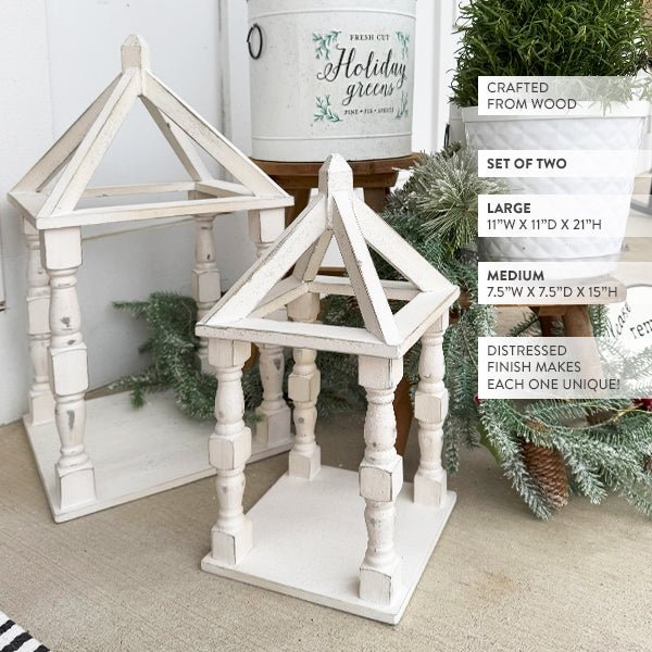 Distressed White Turned Wooden Open Lanterns, Set of Two - Napa Valley Wildflower Co.