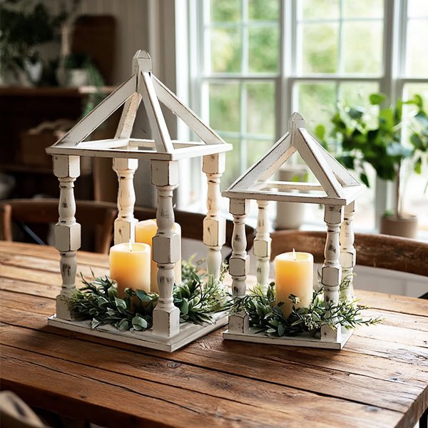 Distressed White Turned Wooden Open Lanterns, Set of Two - Napa Valley Wildflower Co.