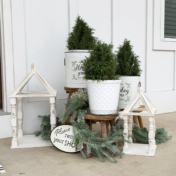 Distressed White Turned Wooden Open Lanterns, Set of Two - Napa Valley Wildflower Co.