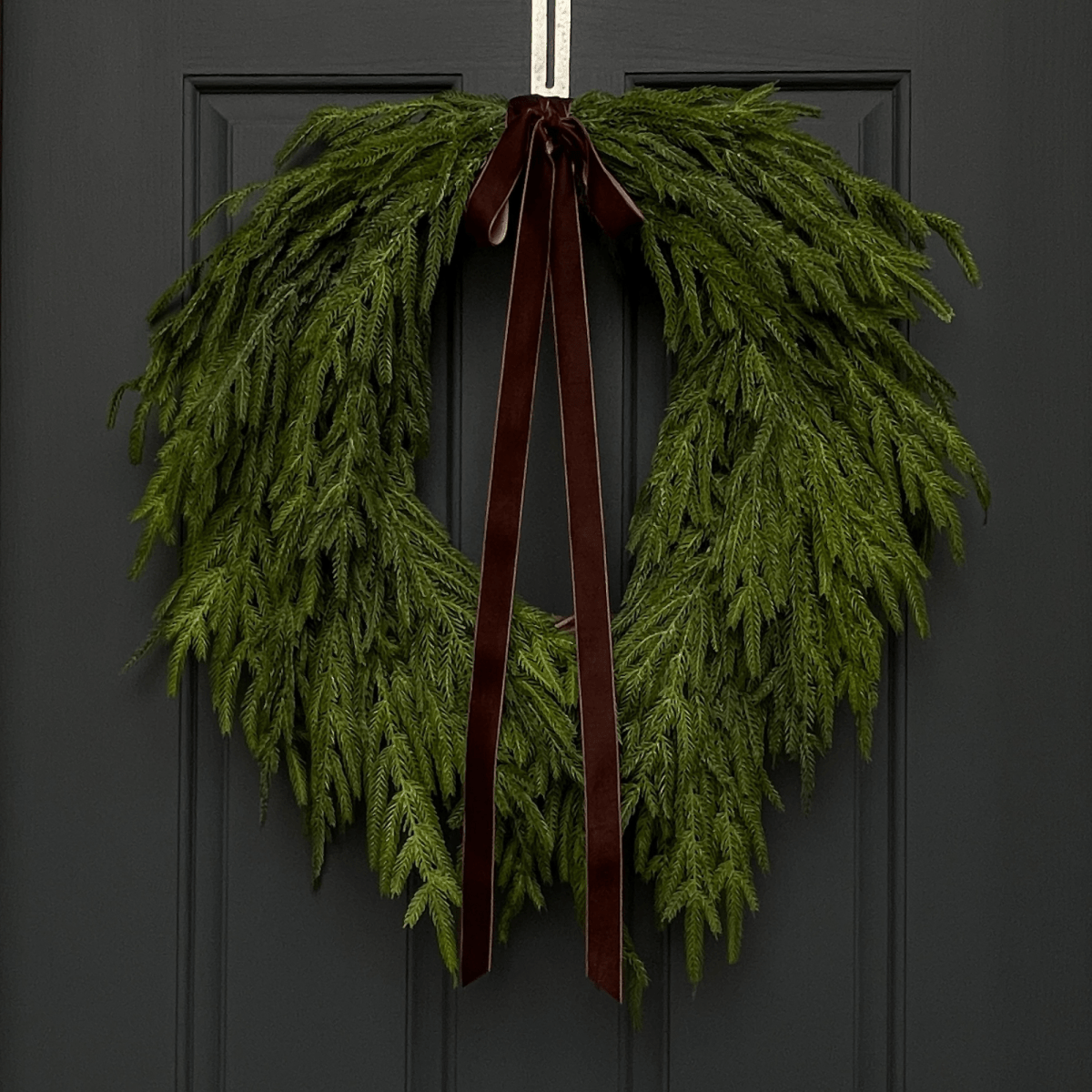 Faux Norfolk Pine Wreath with Dark Brown Velvet Bow - Napa Valley Wildflower Co.