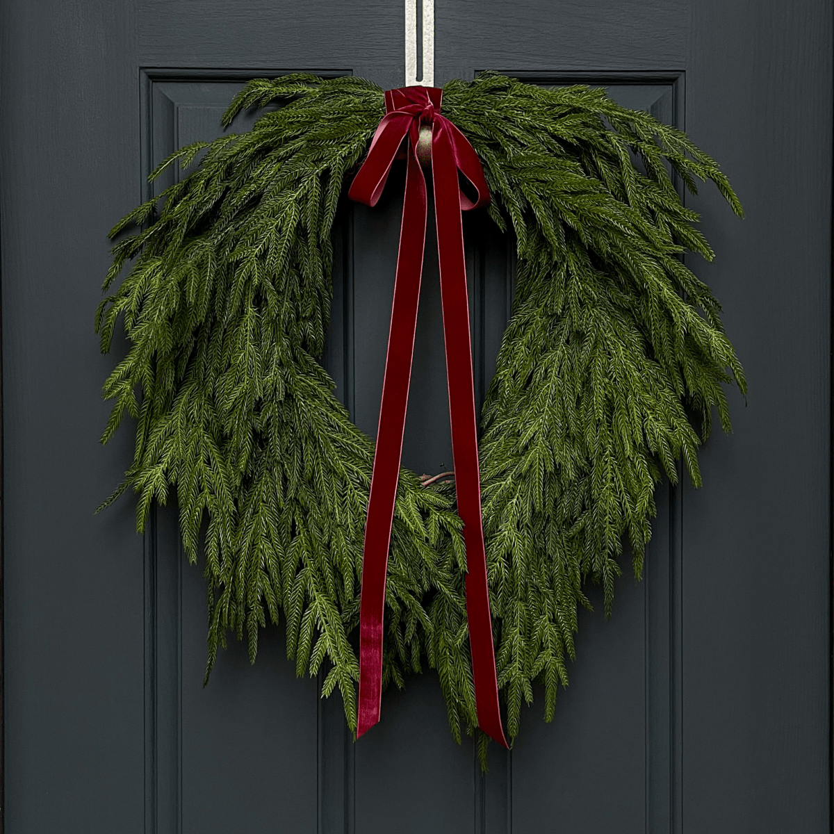 Faux Norfolk Pine Wreath with Red Velvet Bow - Napa Valley Wildflower Co.