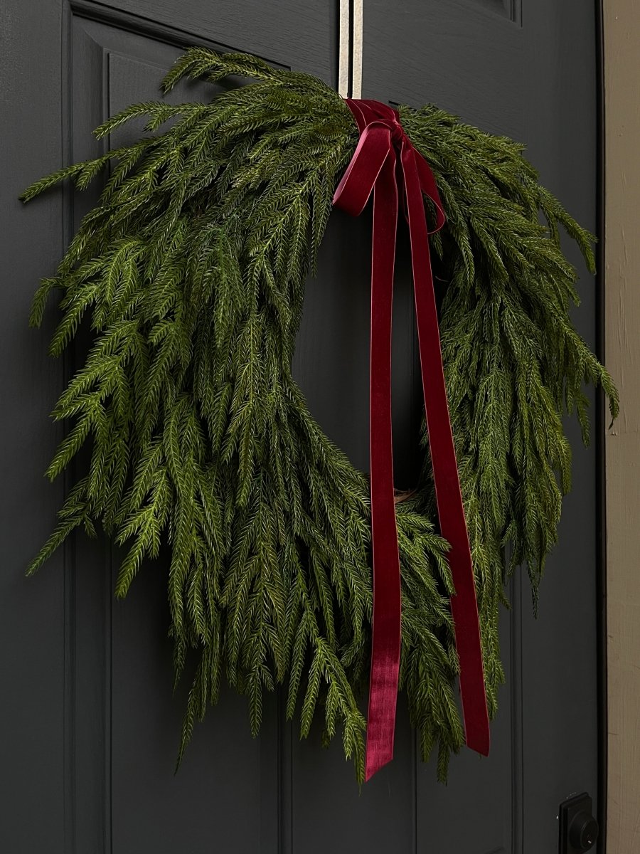 Faux Norfolk Pine Wreath with Red Velvet Bow - Napa Valley Wildflower Co.