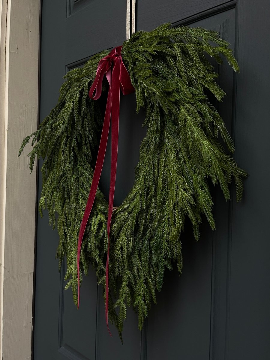 Faux Norfolk Pine Wreath with Red Velvet Bow - Napa Valley Wildflower Co.