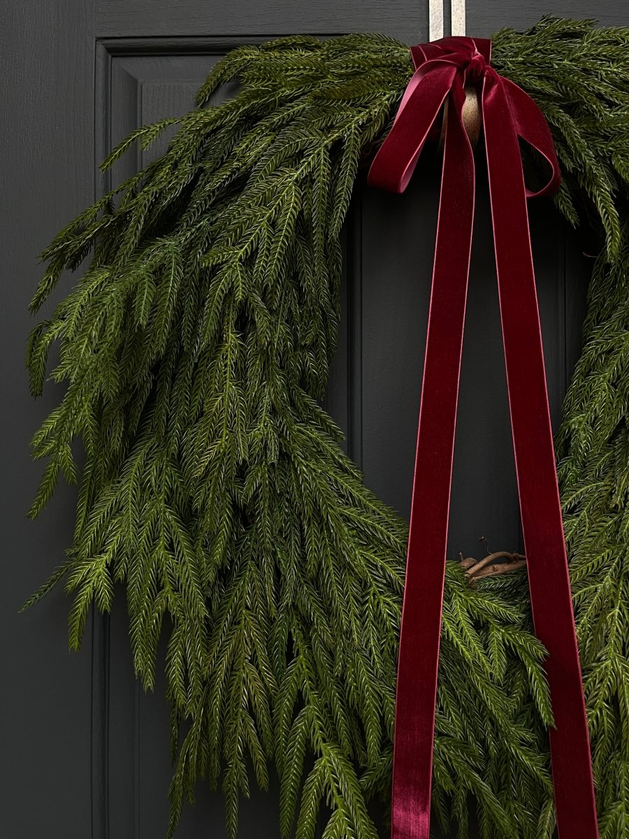 Faux Norfolk Pine Wreath with Red Velvet Bow - Napa Valley Wildflower Co.