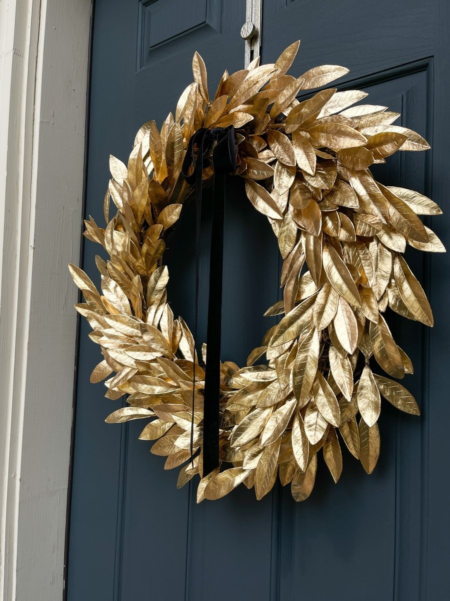 Gold Bay Leaf Christmas Wreath with Black Velvet Bow - Napa Valley Wildflower Co.