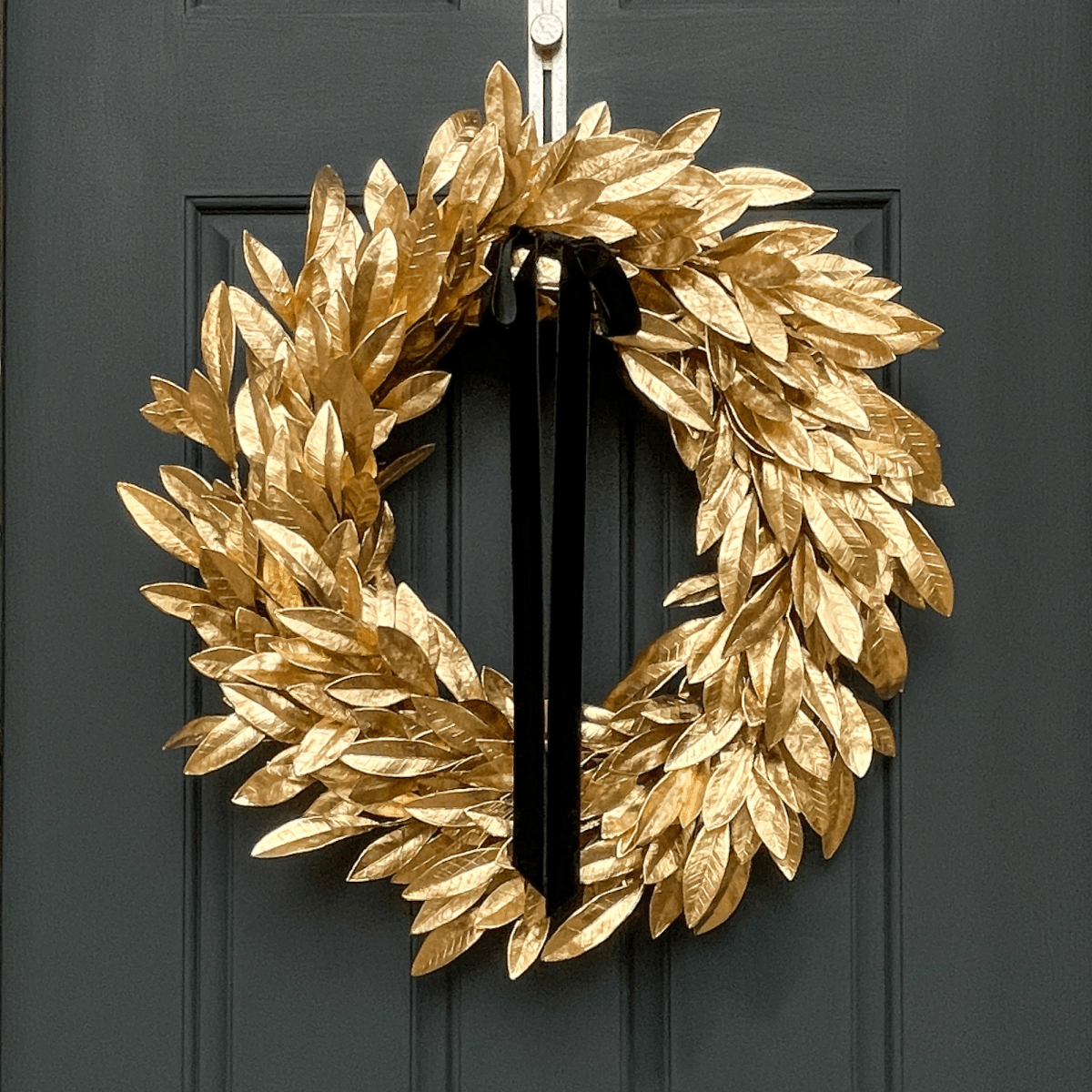 Gold Bay Leaf Christmas Wreath with Black Velvet Bow - Napa Valley Wildflower Co.