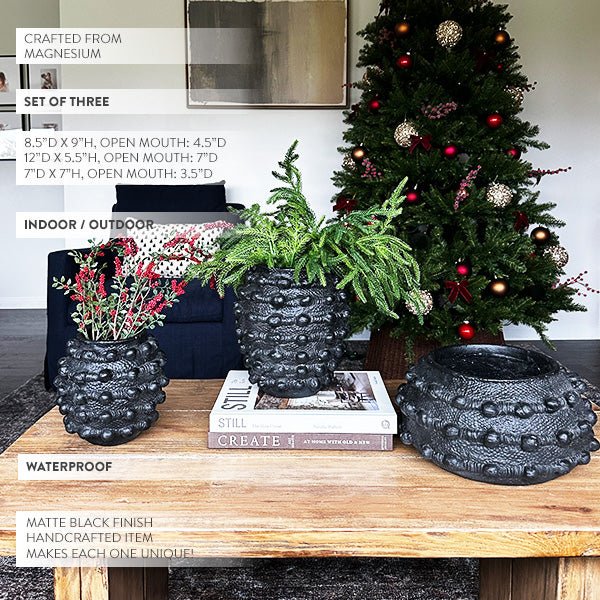 Handcrafted Textured Outdoor Matte Black Planters, Set of 3 - Napa Valley Wildflower Co.