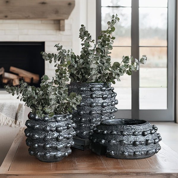 Handcrafted Textured Outdoor Matte Black Planters, Set of 3 - Napa Valley Wildflower Co.