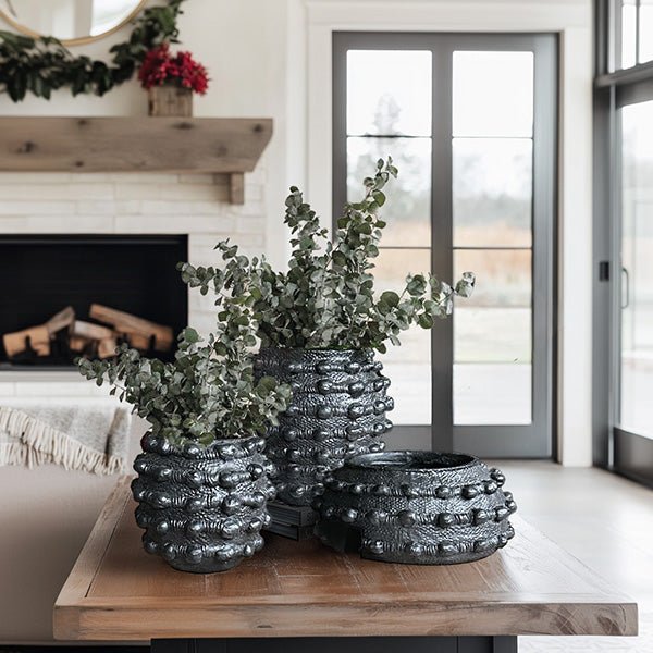 Handcrafted Textured Outdoor Matte Black Planters, Set of 3 - Napa Valley Wildflower Co.