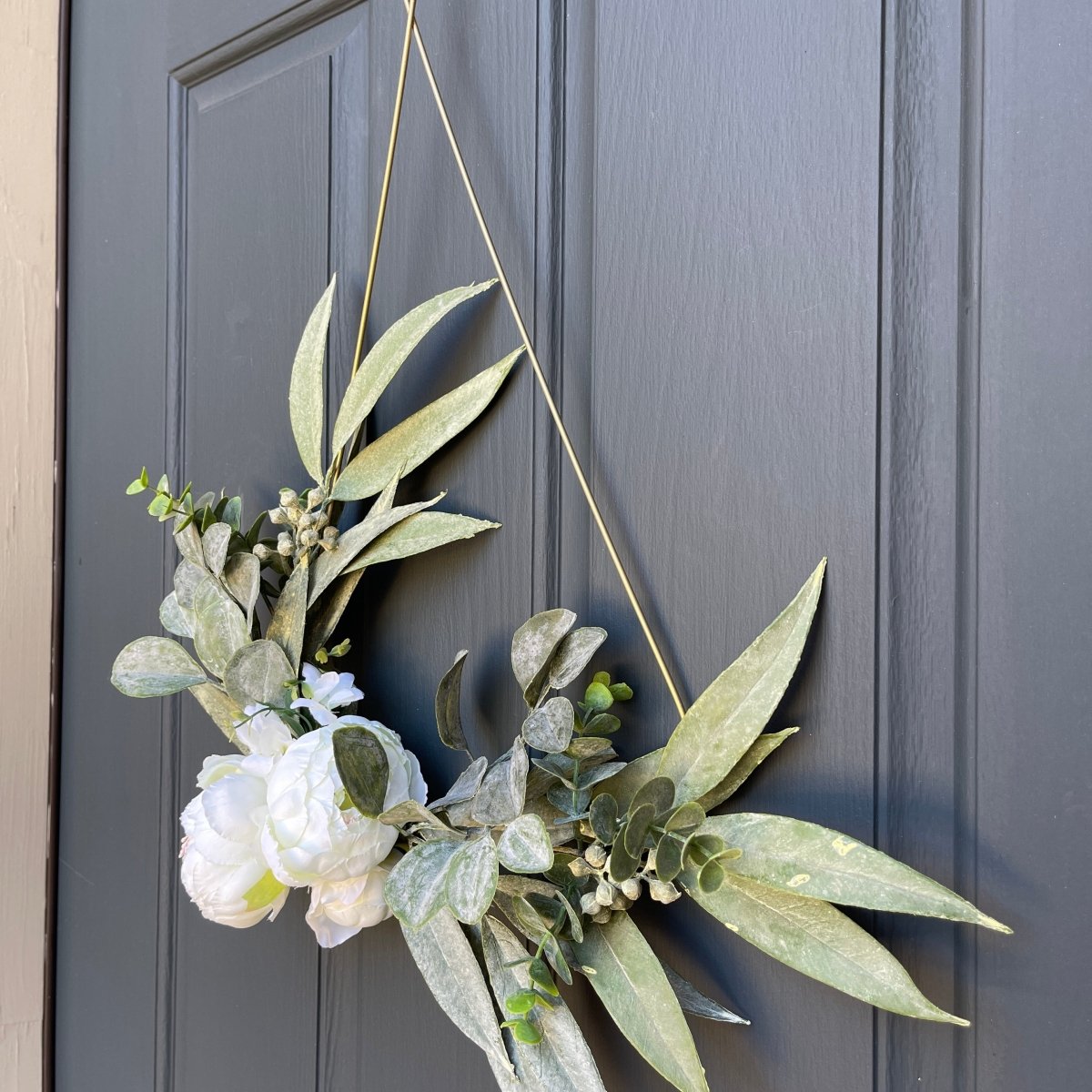 Modern Teardrop Wreath with White Peonies & Eucalyptus - Napa Valley Wildflower Co.