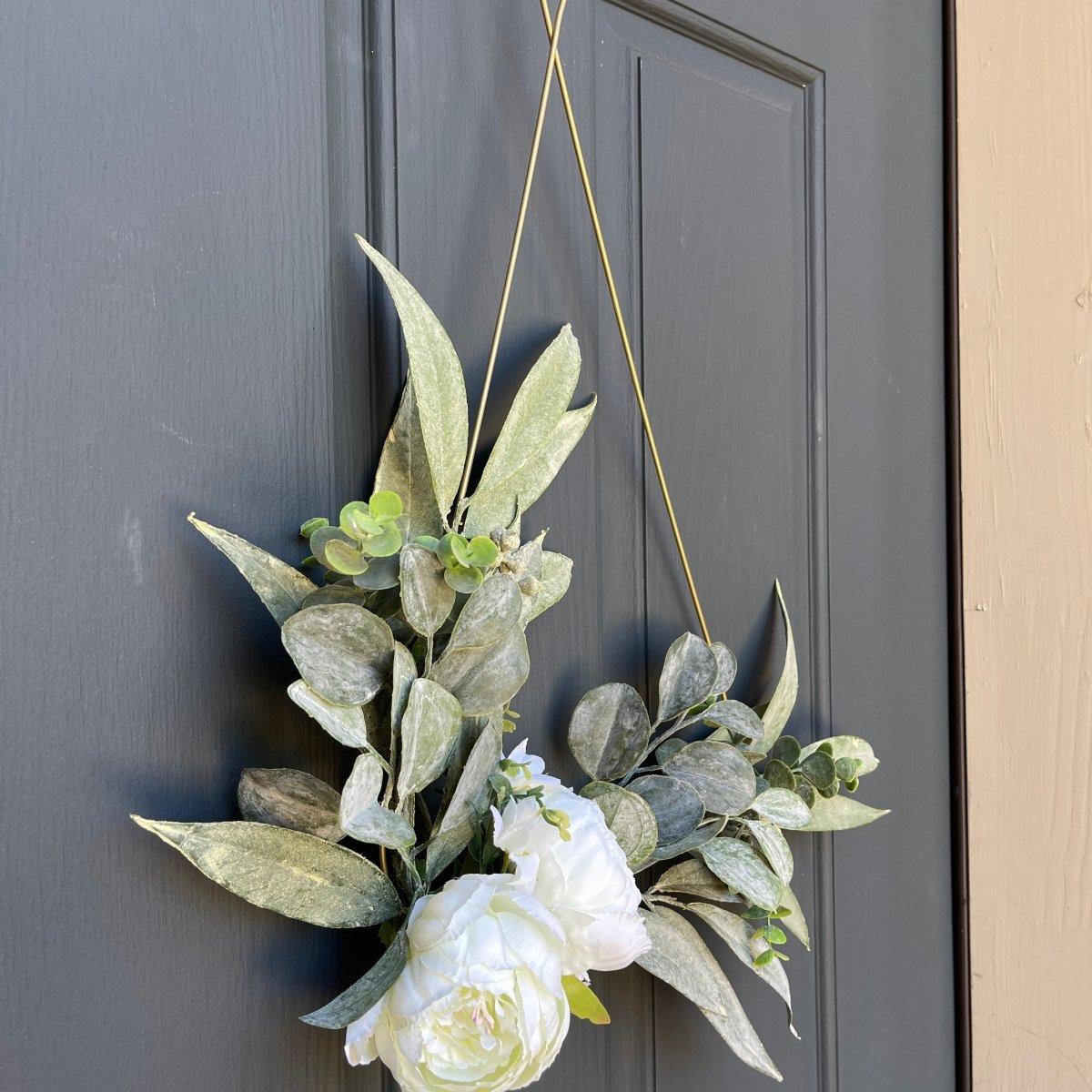 Modern Teardrop Wreath with White Peonies & Eucalyptus - Napa Valley Wildflower Co.