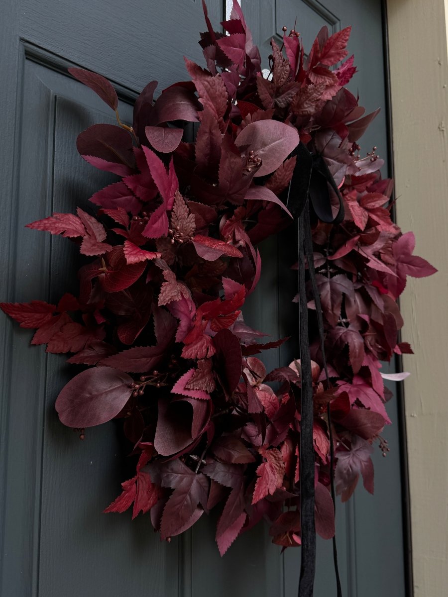 Moody Burgundy Fall & Halloween Wreath with Black Velvet Bow - Napa Valley Wildflower Co.