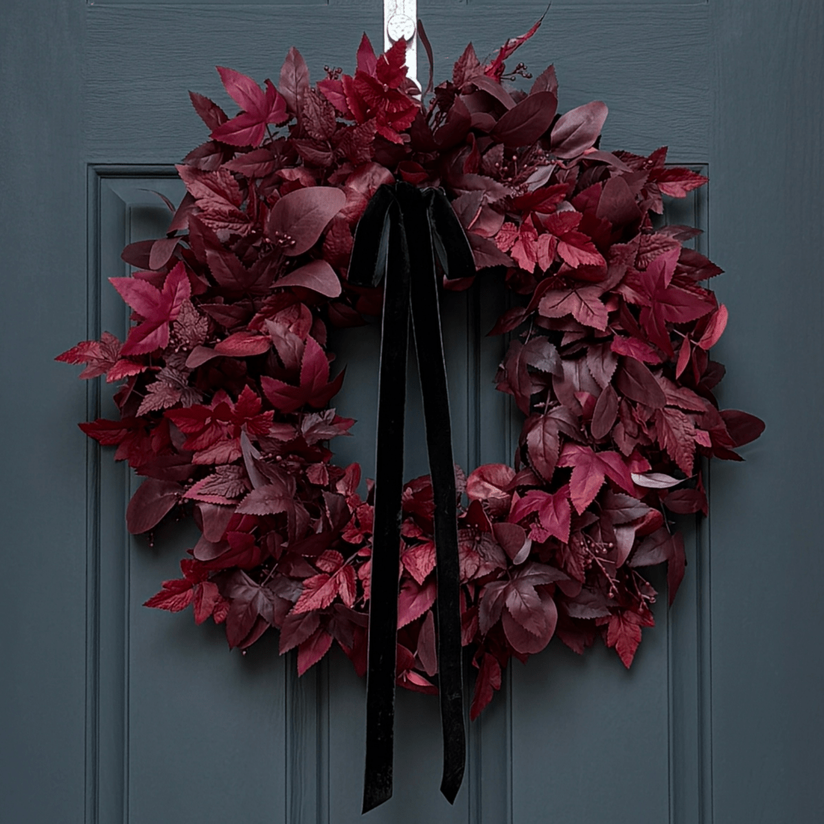 Moody Burgundy Fall & Halloween Wreath with Black Velvet Bow - Napa Valley Wildflower Co.