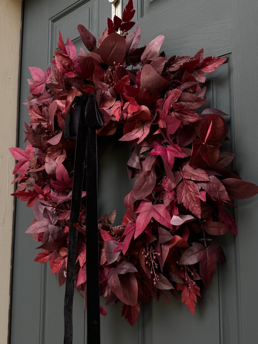 Moody Burgundy Fall & Halloween Wreath with Black Velvet Bow - Napa Valley Wildflower Co.