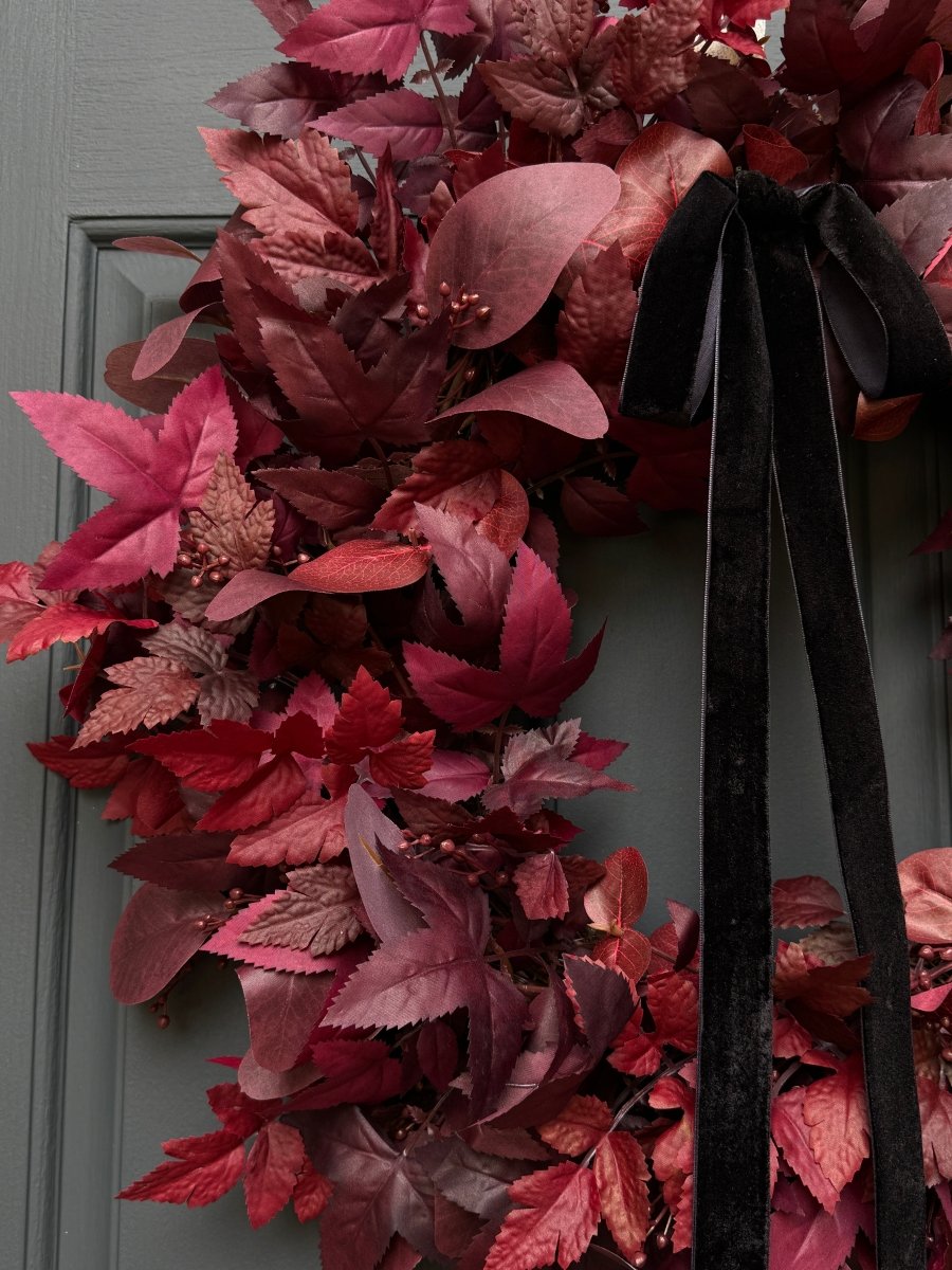 Moody Burgundy Fall & Halloween Wreath with Black Velvet Bow - Napa Valley Wildflower Co.