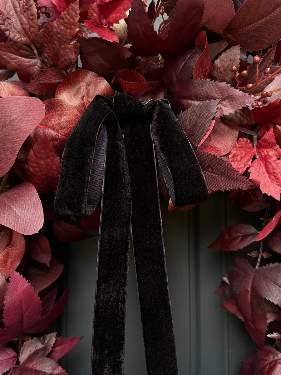 Moody Burgundy Fall & Halloween Wreath with Black Velvet Bow - Napa Valley Wildflower Co.