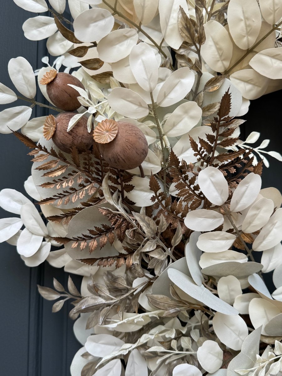 Neutral Fall Eucalyptus Wreath with Beige Leaves & Brown Velvet Ribbon - Napa Valley Wildflower Co.