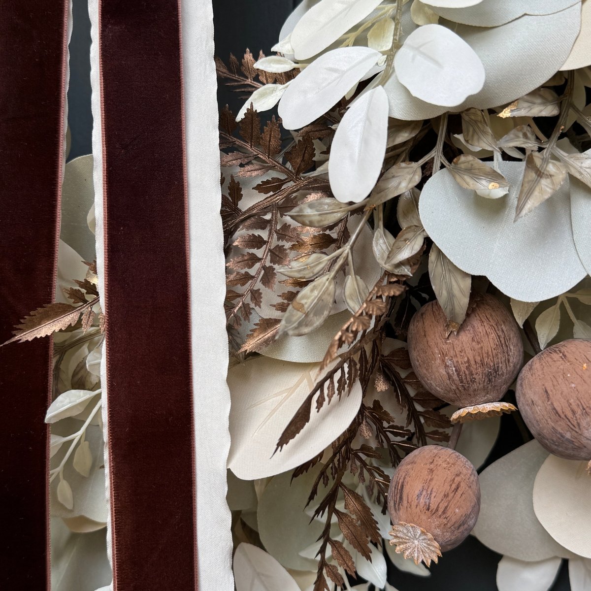 Neutral Fall Eucalyptus Wreath with Beige Leaves & Brown Velvet Ribbon - Napa Valley Wildflower Co.