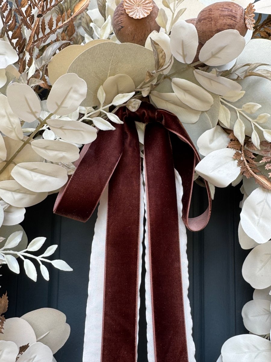 Neutral Fall Eucalyptus Wreath with Beige Leaves & Brown Velvet Ribbon - Napa Valley Wildflower Co.