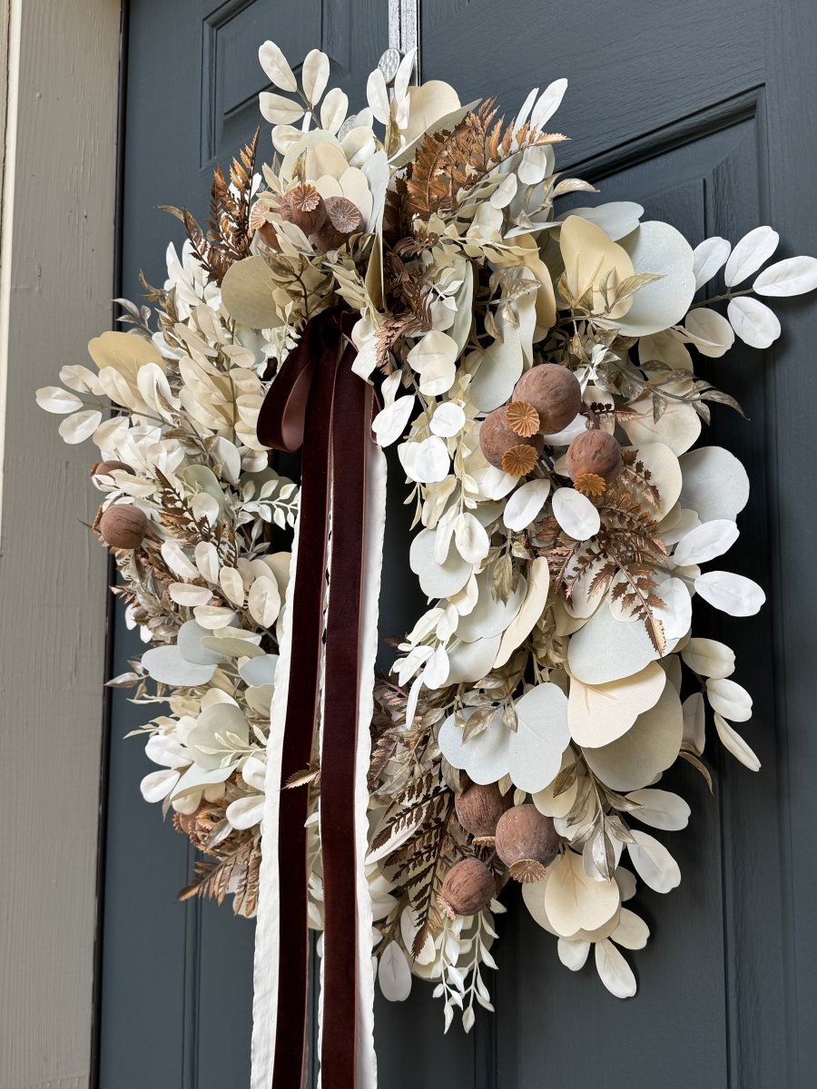 Neutral Fall Eucalyptus Wreath with Beige Leaves & Brown Velvet Ribbon - Napa Valley Wildflower Co.
