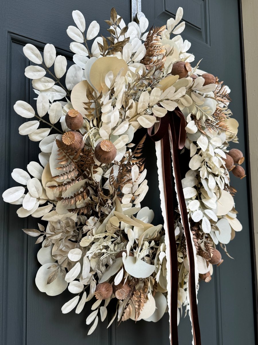 Neutral Fall Eucalyptus Wreath with Beige Leaves & Brown Velvet Ribbon - Napa Valley Wildflower Co.