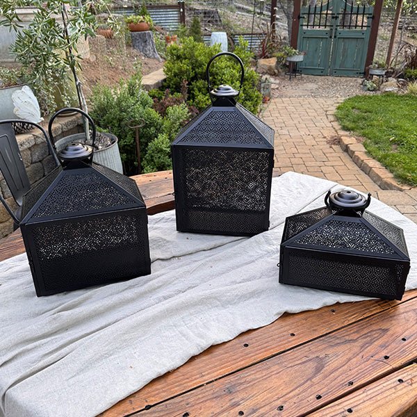 Perforated Iron Metal Lanterns, Set of Three - Napa Valley Wildflower Co.