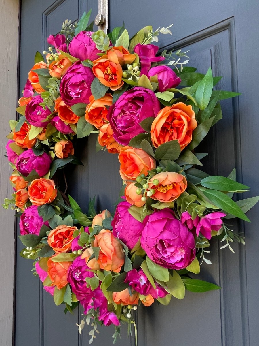 Summer Pink & Orange Peony Wreath - Napa Valley Wildflower Co.