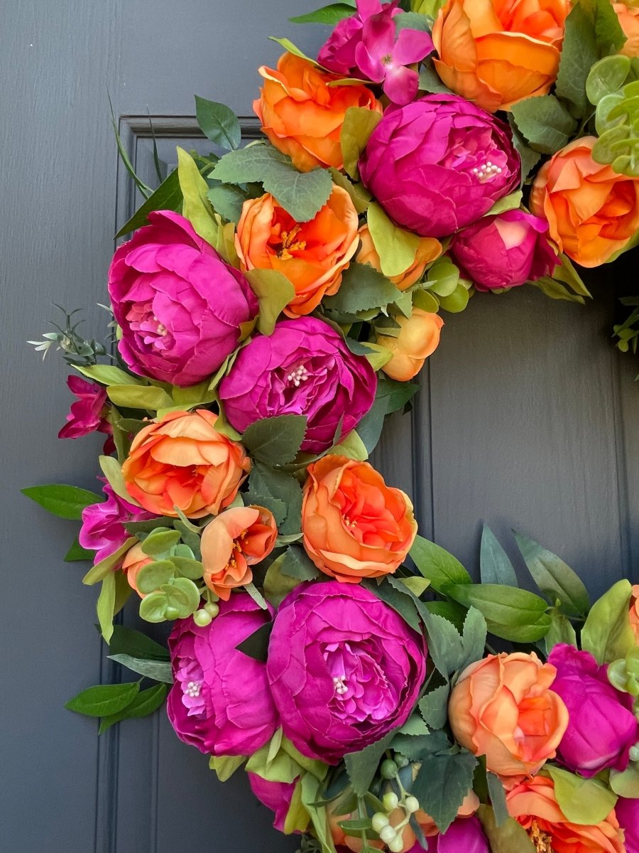 Summer Pink & Orange Peony Wreath - Napa Valley Wildflower Co.