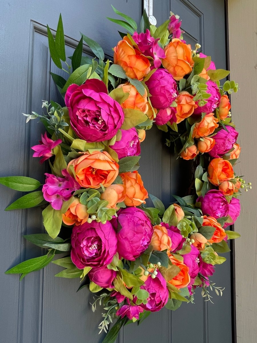 Summer Pink & Orange Peony Wreath - Napa Valley Wildflower Co.