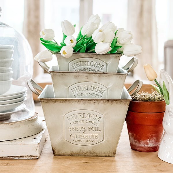 Vintage Inspired Heirloom Garden Supply Metal Planters, Set of Three - Napa Valley Wildflower Co.