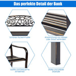 Promotional image of a metal bench with detailed features highlighted.