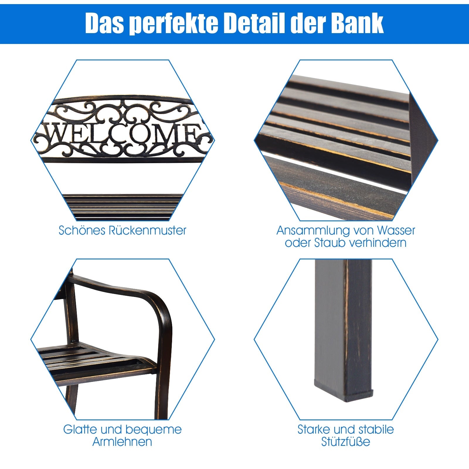 Promotional image of a metal bench with detailed features highlighted.