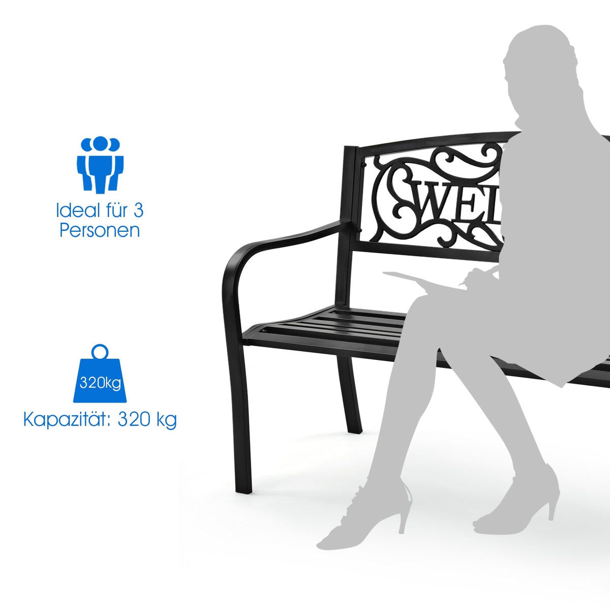 Black metal bench with decorative backrest and silhouette of a person, capacity indicated.