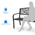 Black metal bench with decorative backrest and silhouette of a person, capacity indicated.