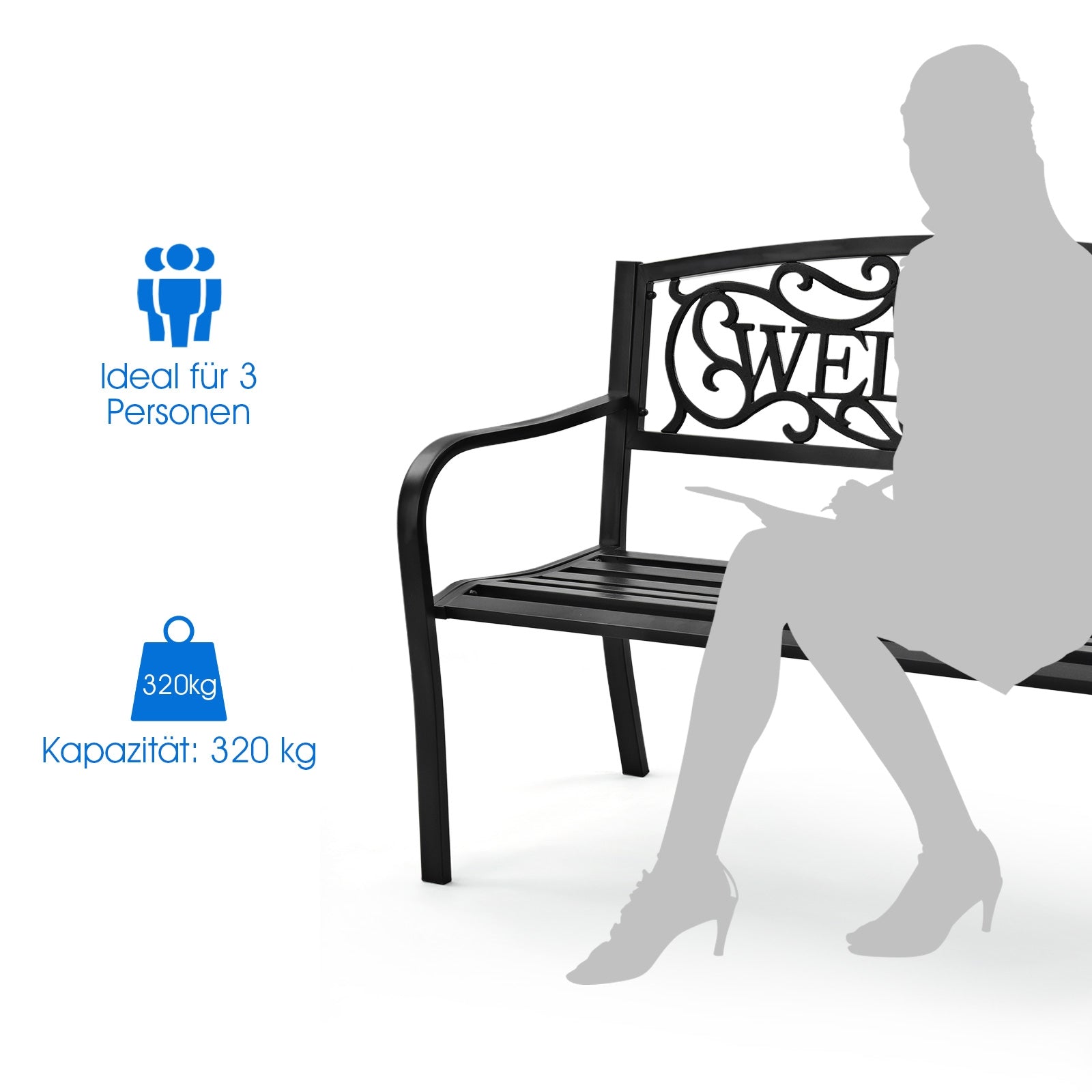 Black metal bench with decorative backrest and silhouette of a person, capacity indicated.