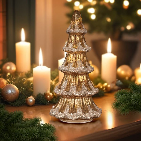 12" Lit Gold Mercury Glass Tabletop Tree | Vintage Glow - Napa Valley Wildflower Co.