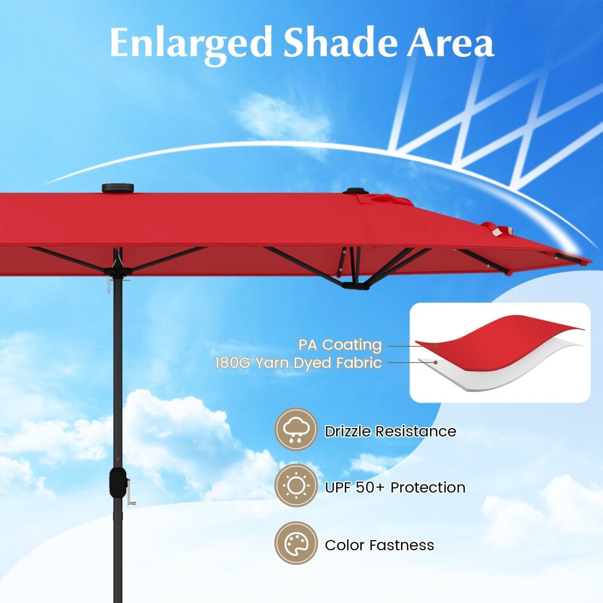 13 FT Double - Sided Patio Umbrella with Solar Lights – Outdoor Garden & Pool Umbrella (Red) - Napa Valley Wildflower Co.
