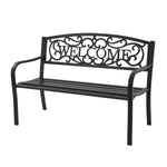 Black metal bench with 'Welcome' design on a white background