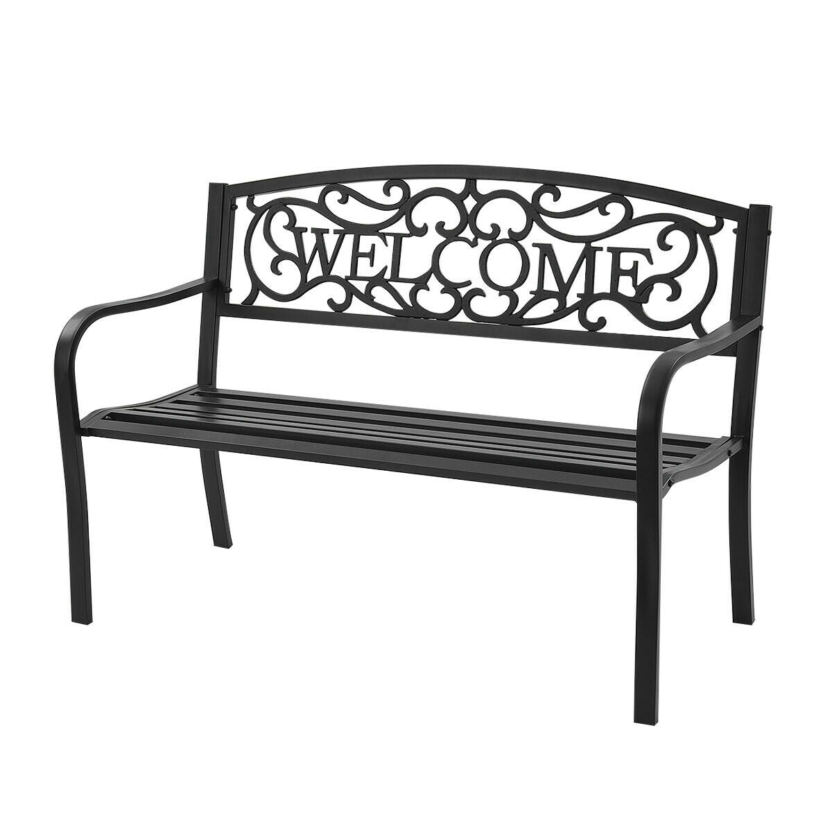 Black metal bench with 'Welcome' design on a white background