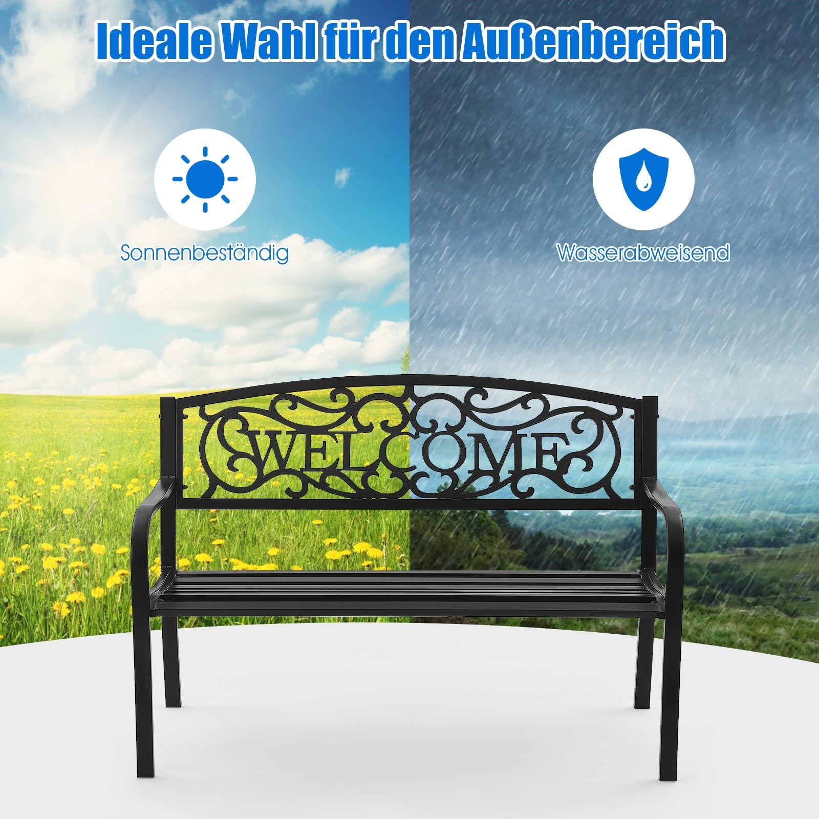 Decorative bench with 'WELCOME' text under various weather conditions