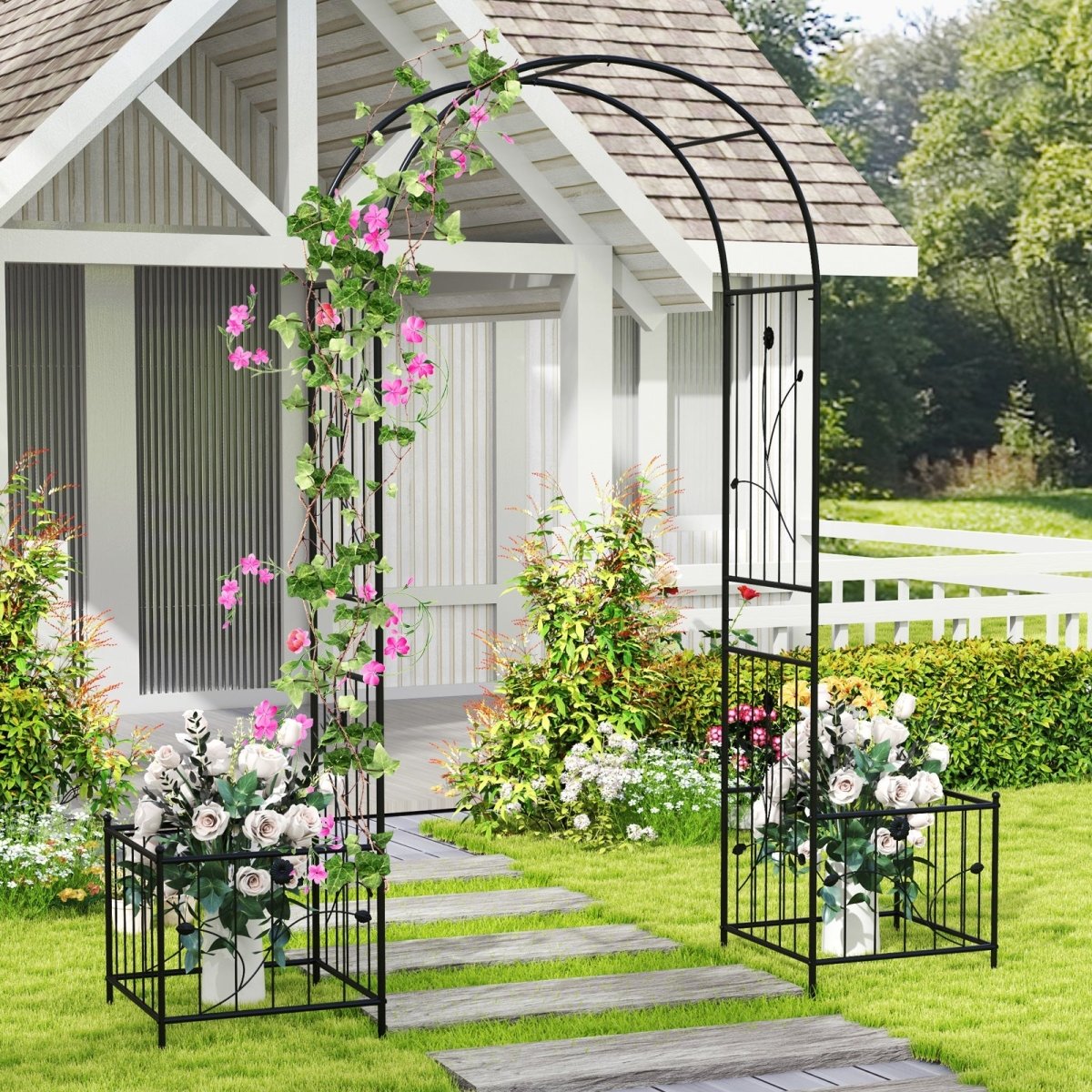 2 - in - 1 Garden Arbor with Planter Boxes – Metal Arch Trellis with Side Planters (Black) - Napa Valley Wildflower Co.