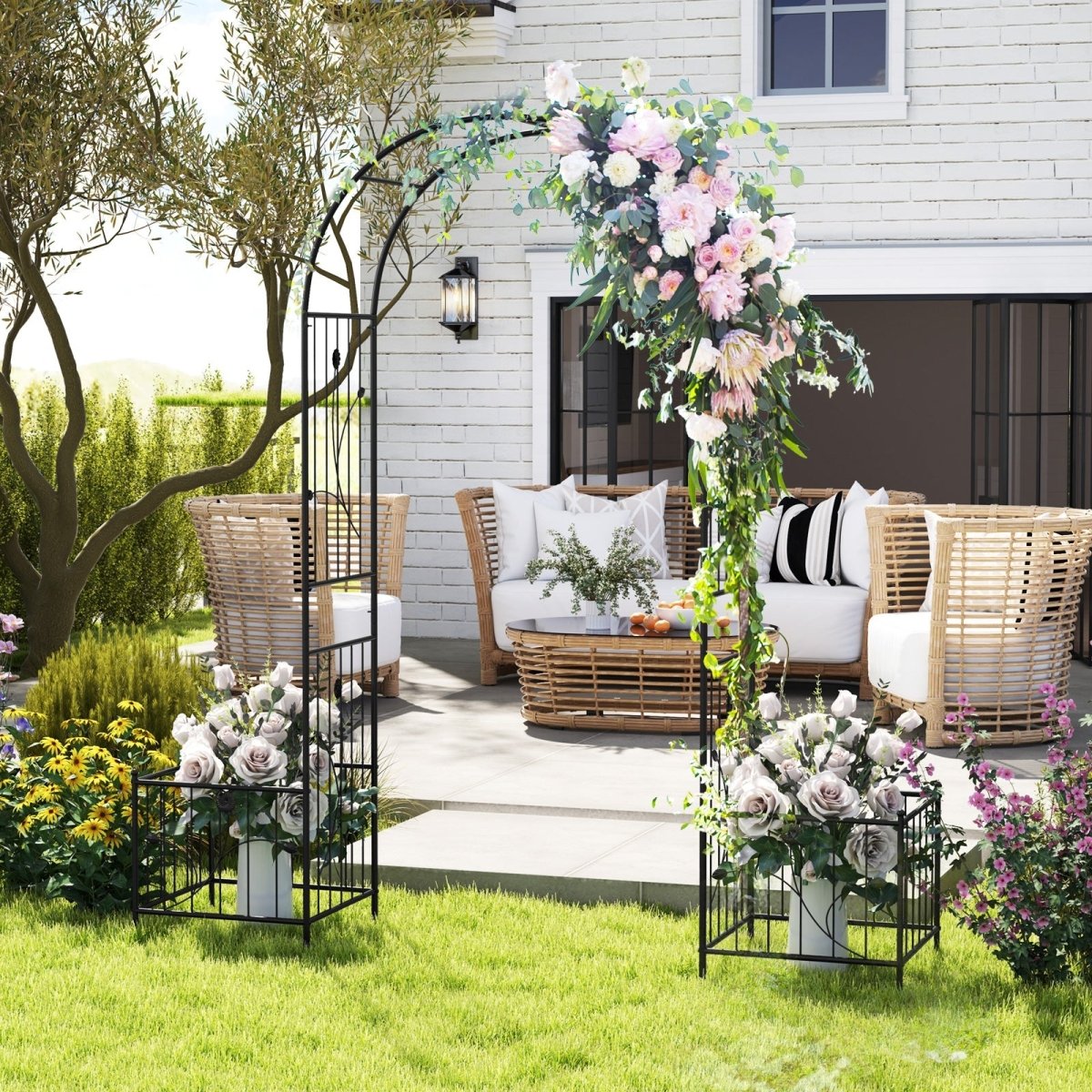 2 - in - 1 Garden Arbor with Planter Boxes – Metal Arch Trellis with Side Planters (Black) - Napa Valley Wildflower Co.