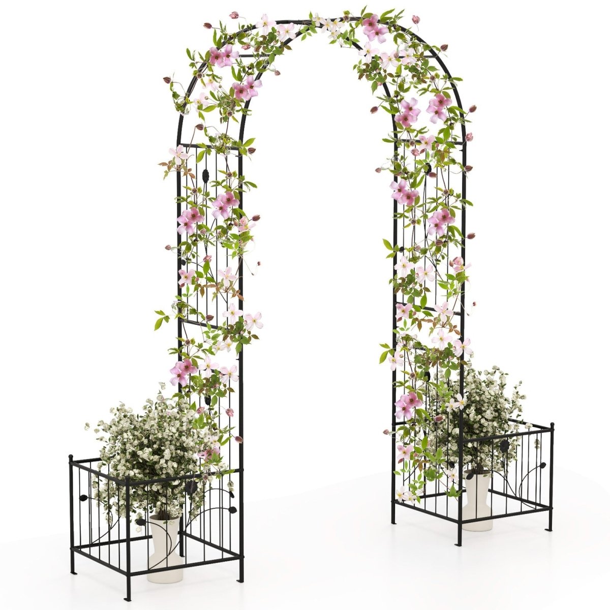 2 - in - 1 Garden Arbor with Planter Boxes – Metal Arch Trellis with Side Planters (Black) - Napa Valley Wildflower Co.