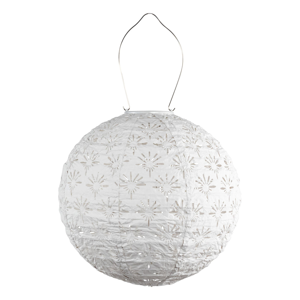 White spherical lantern with floral patterns on a white background