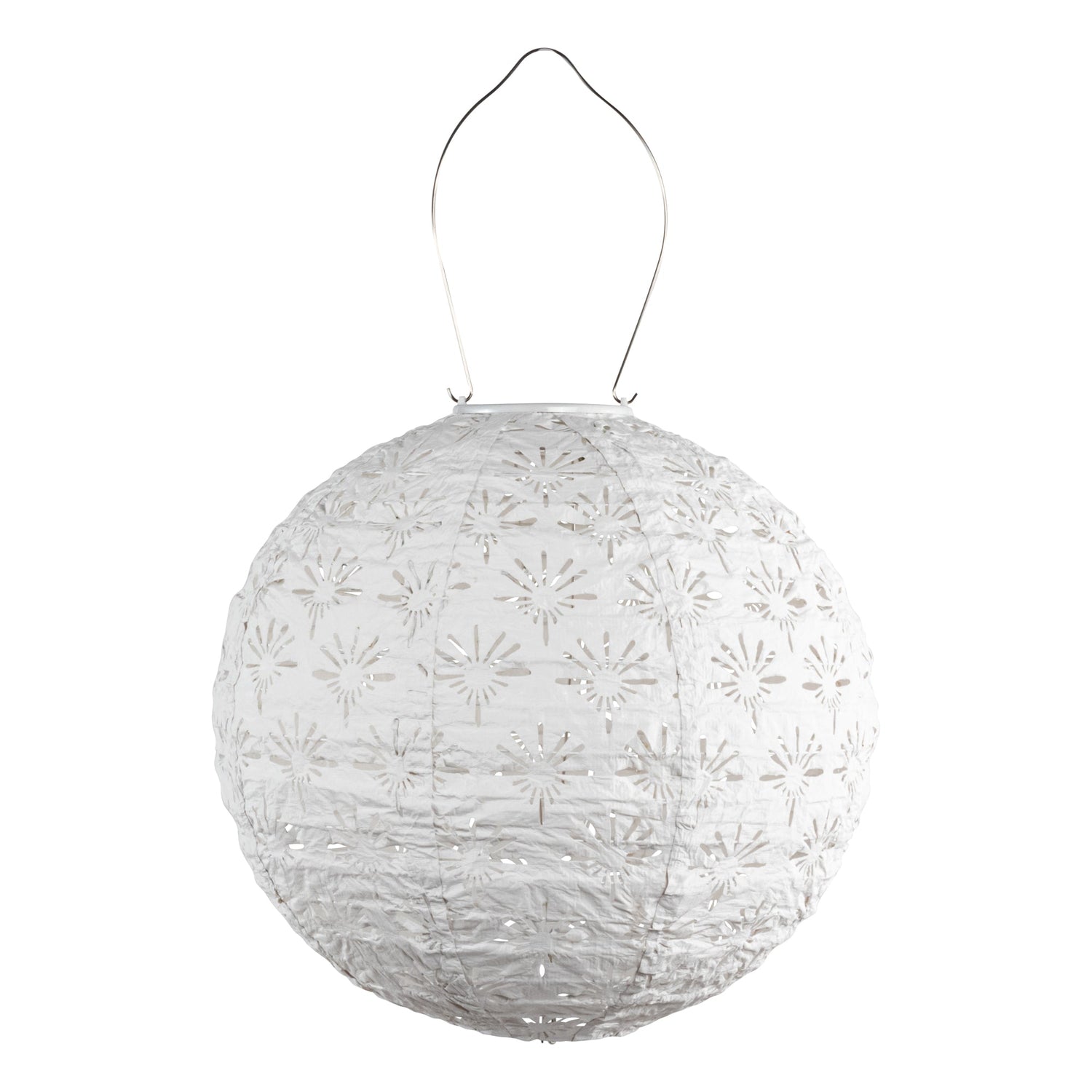 White spherical lantern with floral patterns on a white background