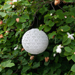 White paper lantern hanging among green leaves and white flowers