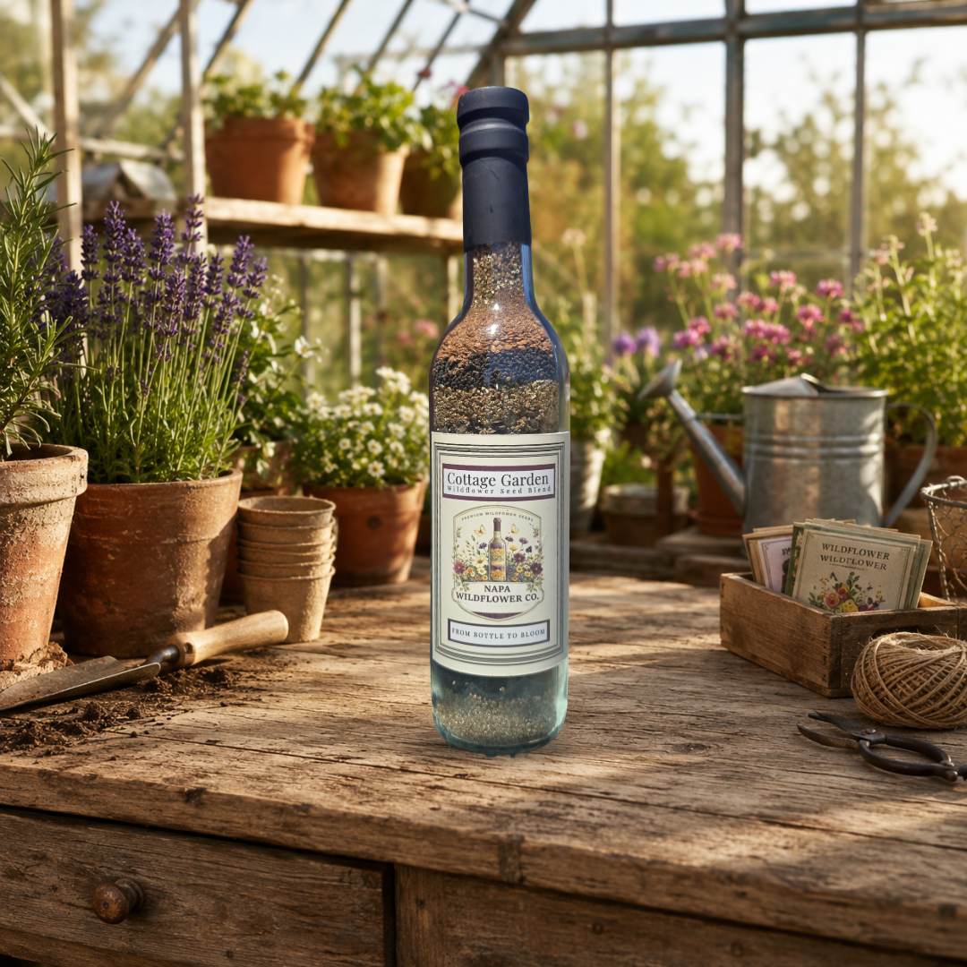 A decorative glass bottle filled with wildflower seeds stands on a rustic wooden table inside a sunlit greenhouse. The bottle has a black cap and neck, a cream label reading Cottage Gardens Seed Company, and is surrounded by potted plants, gardening tools, and flowers.