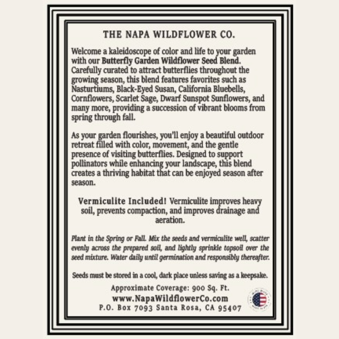A text-based product information card for The Napa Wildflower Co. featuring the Butterfly Garden Wildflower Seed Blend, with descriptive paragraphs about plant care, pollinators, and planting instructions on a cream background.