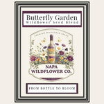 A framed vintage-style label or box design for Butterfly Garden Wildflower Seed Blend, featuring the Napa Wildflower Co. logo, a central illustrated flower bottle, butterflies, and wildflowers on a cream background.